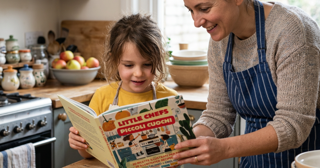 Donna adulta in grembiule blu legge bimbo libro di ricette illustrato in cucina luminosa con tavolo e utensili.